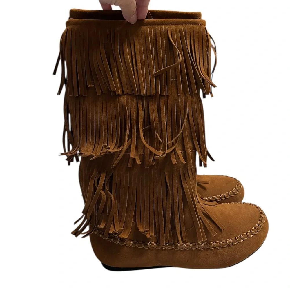 Hot Tomato Brown Fringe Calf Boots | Youth Size 4M | adult 5.5-6